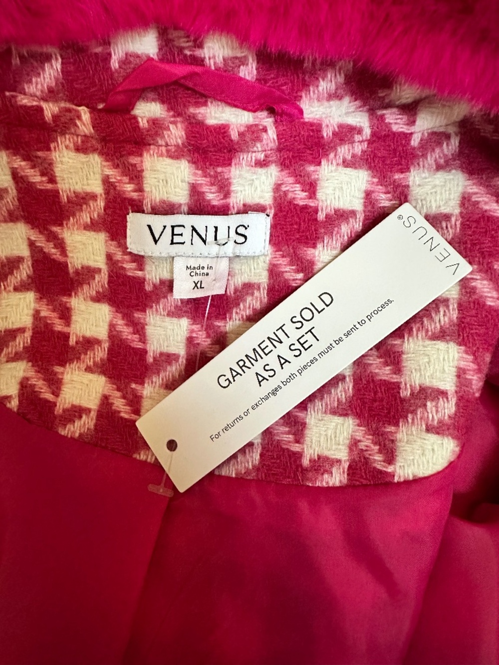 VENUS Printed Houndstooth Faux Fur Trim Coat Jacket NWT - Picture 8 of 9
